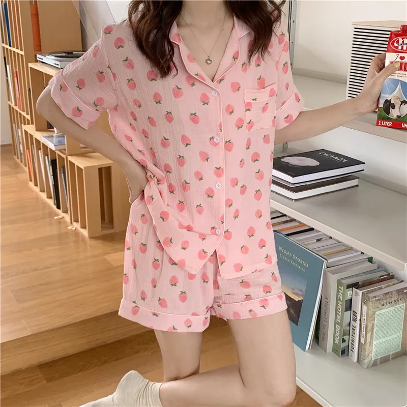 Medvilnės braškių pižama nustatyti vasaros sleepwear moterys 2 dalių komplektas namų drabužius trumpomis rankovėmis palaidinė, šortai loungwear nustatyti Y597