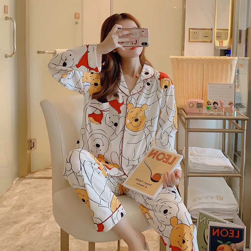 Mielas Animacinių filmų Pižama Mikė Pūkuotukas Spausdinti Sleepwear Nightsuits Moterų Japonų Anime Homewear Medvilnės Kelnės Pijama Ilgio Naujas