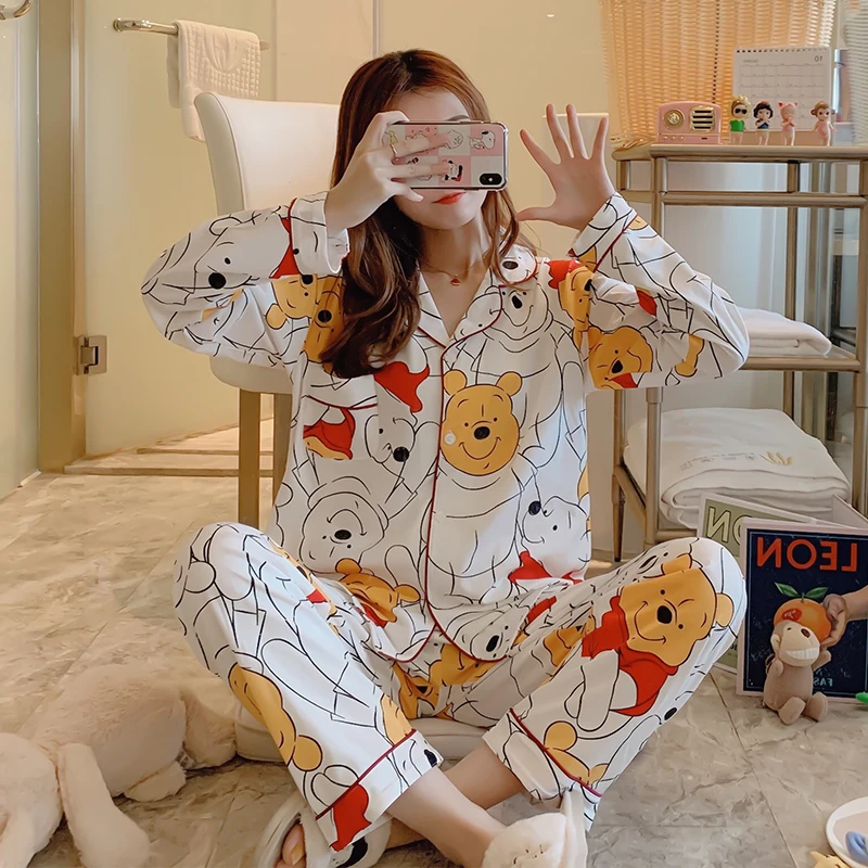 Mielas Animacinių filmų Pižama Mikė Pūkuotukas Spausdinti Sleepwear Nightsuits Moterų Japonų Anime Homewear Medvilnės Kelnės Pijama Ilgio Naujas