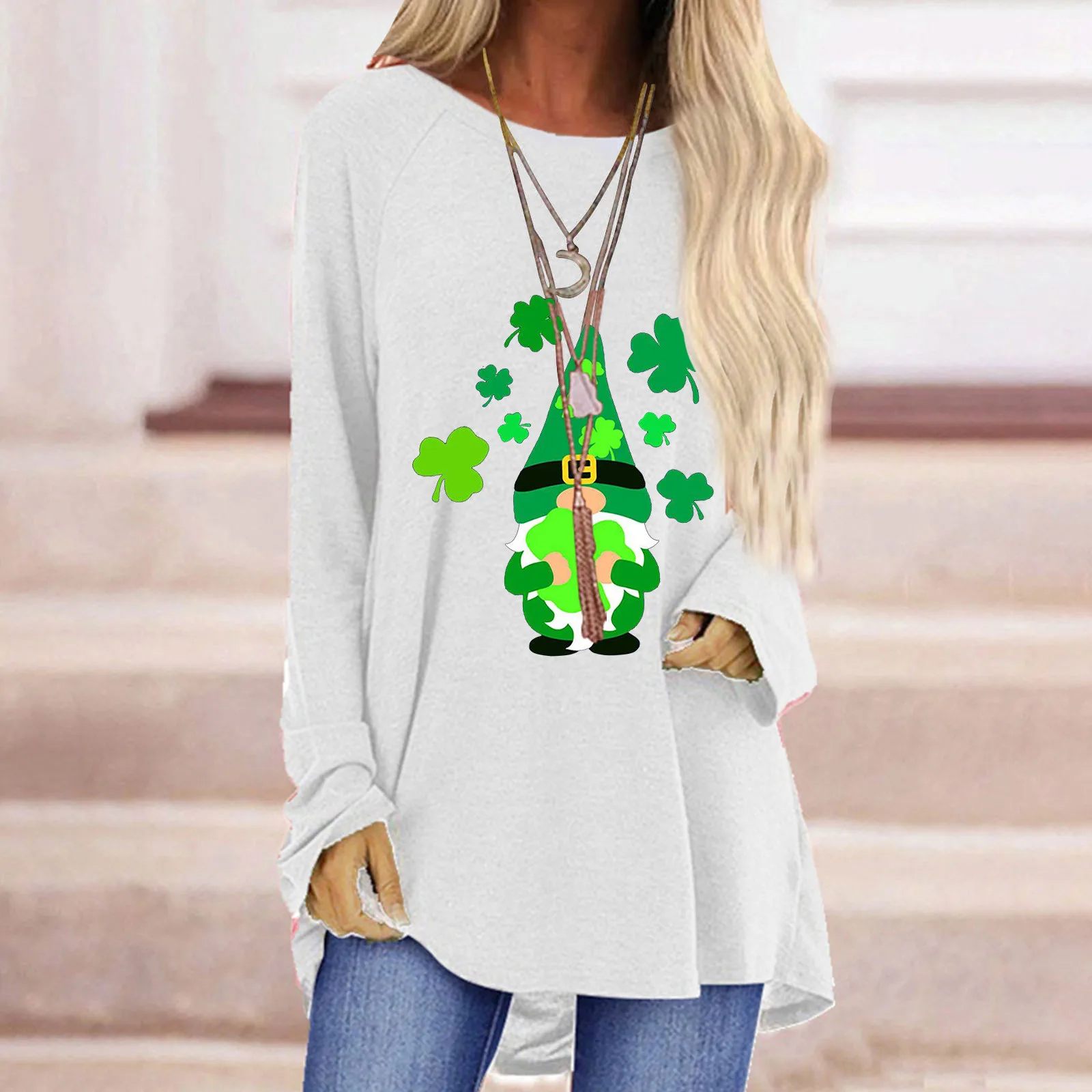 Moteriški marškinėliai Atsitiktinis Apvalios Kaklo St. Patrick ' Print Long Sleeve T-shirt Viršų Mados Dobilų Spausdinti Mujer Camisetas R1