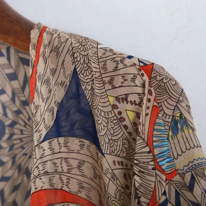 Moteriški Vasaros Pusė Šifono Rankovėmis Megztinis Boho Retro Geometrinis Gėlių Spausdinti Kutai Kratinys Bikini Padengti Iki Žaliojo Kimono