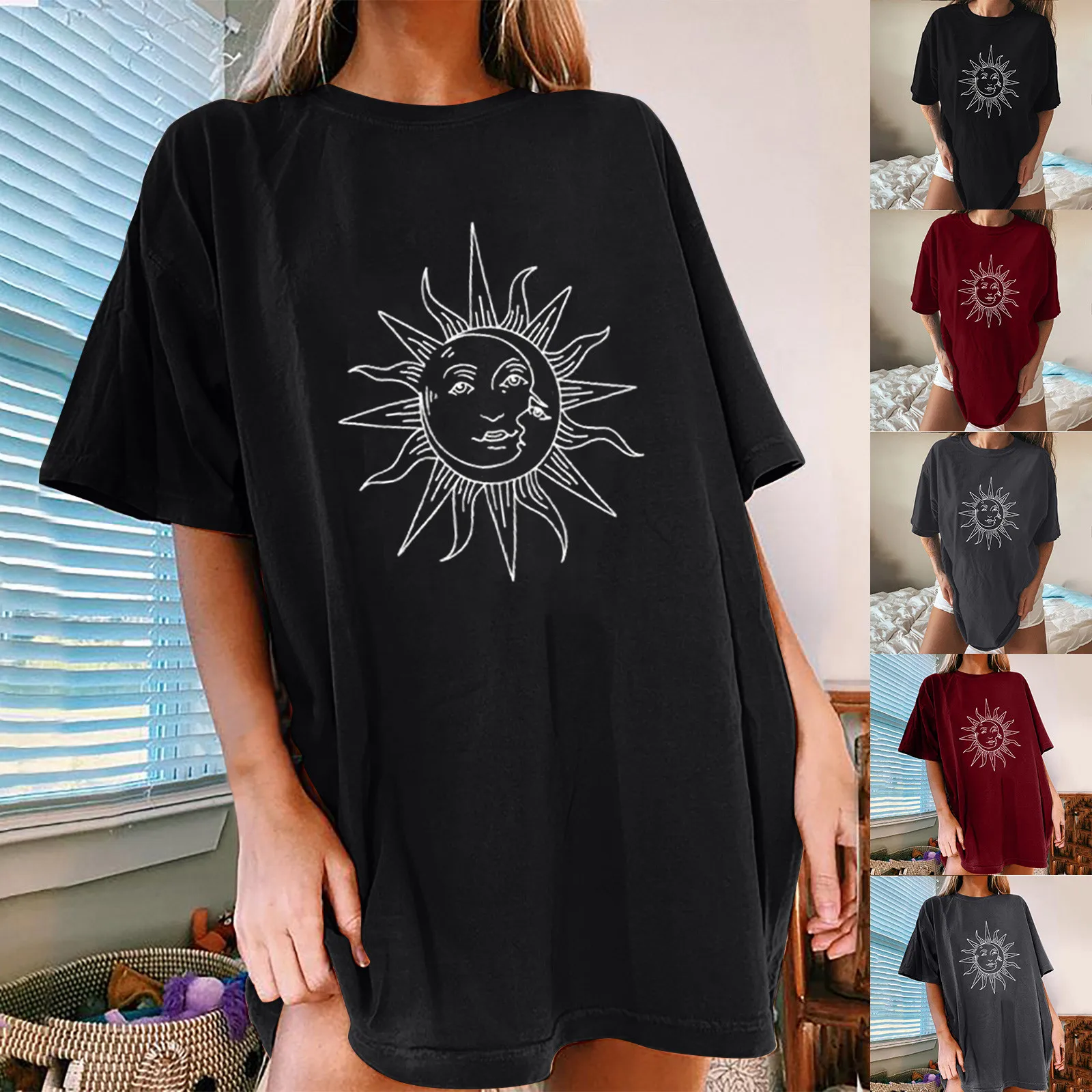 Moterų Derliaus Saulės Ir Mėnulio spausdintą Modelio Atsitiktinis trumpomis Rankovėmis Viršūnes Palaidinė Женские Футболки Mujer Camisetas Ropa De Mujer 2021