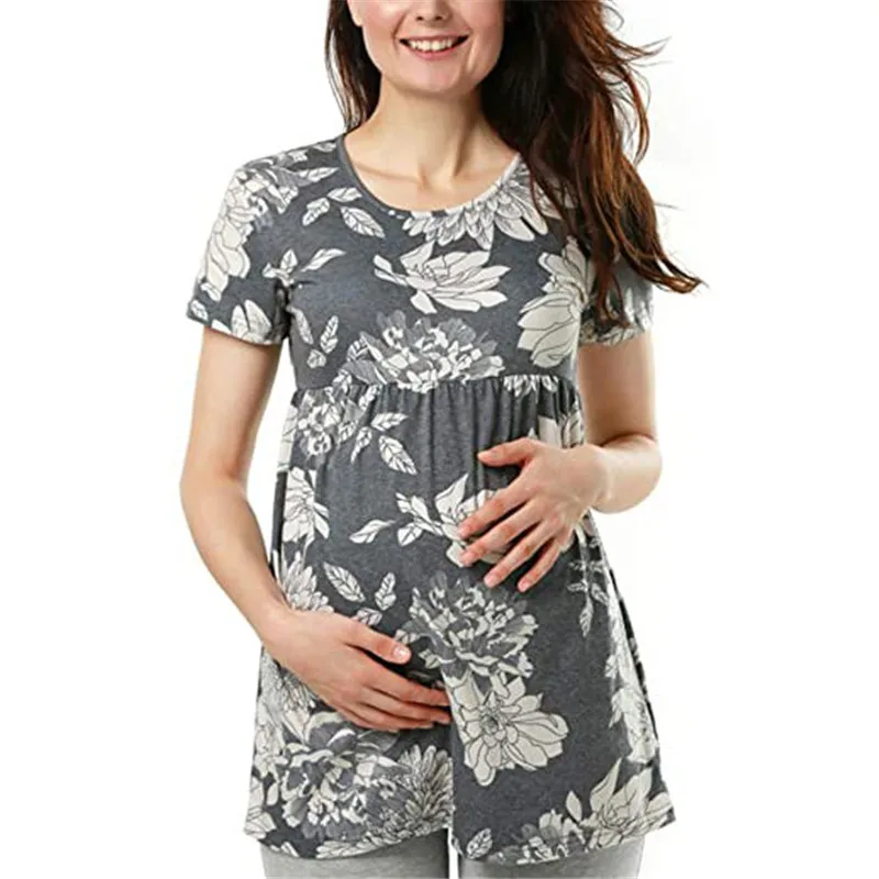 Moterų Motinystės T-Shirt Drabužius Nėščioms Moterims Vasara O-Kaklo Trumpomis Rankovėmis Gėlių Spaudinių Slaugos Viršūnes Motinystės Drabužiai