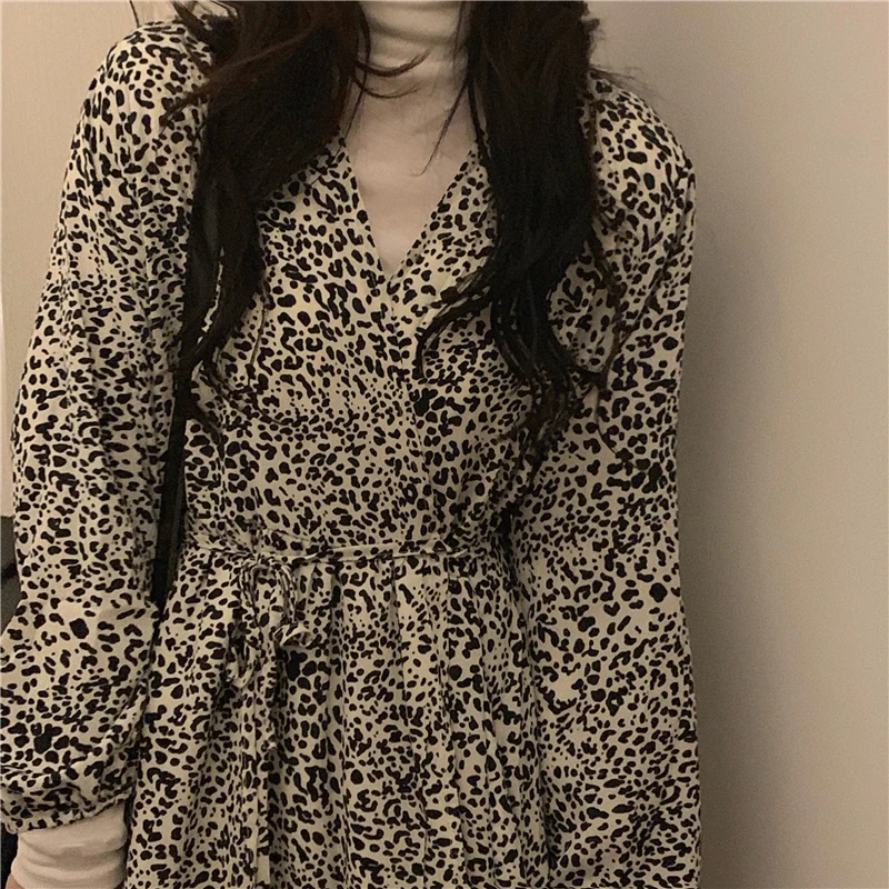 Moterų Pavasario Elegantiškas V Kaklo Leopard Ilgai Apvynioti Tvarsčiu Šifono Suknelė Waistbelt Visą Rankovės Aukšto Juosmens-line
