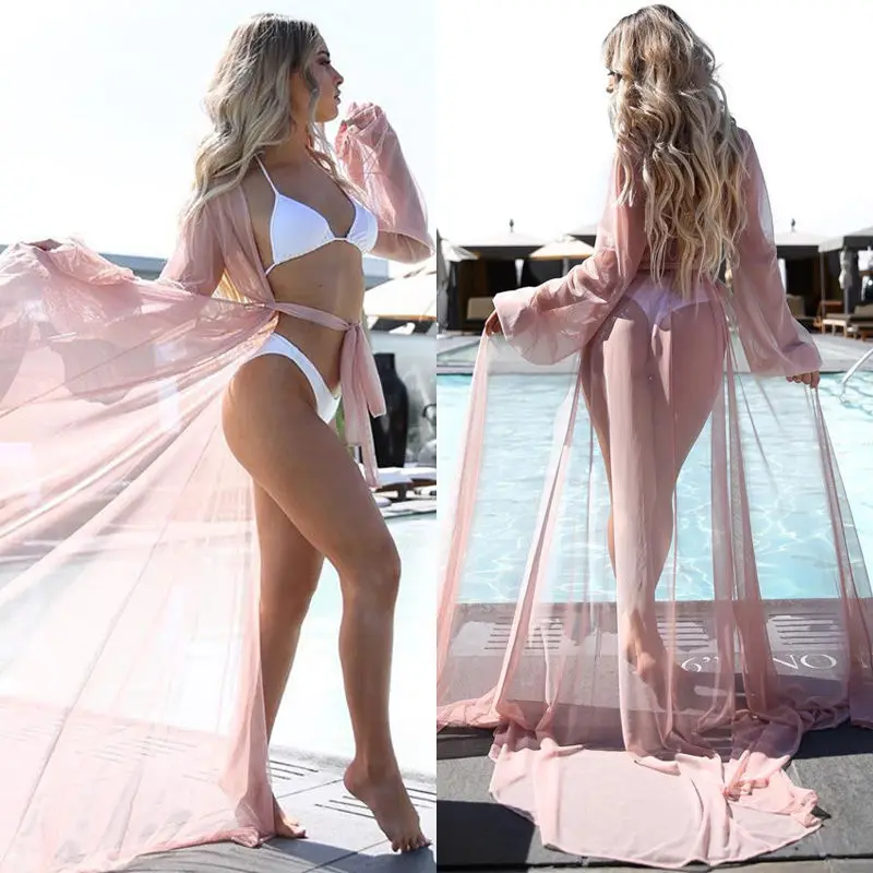 Moterų Šifono Bikini Padengti iki Elegantiškas Paplūdimio Suknelė Playa Cardigan Ilga Suknelė Femme tunika padalinta kaftan Ponios Paplūdimio maudymosi kostiumėlį