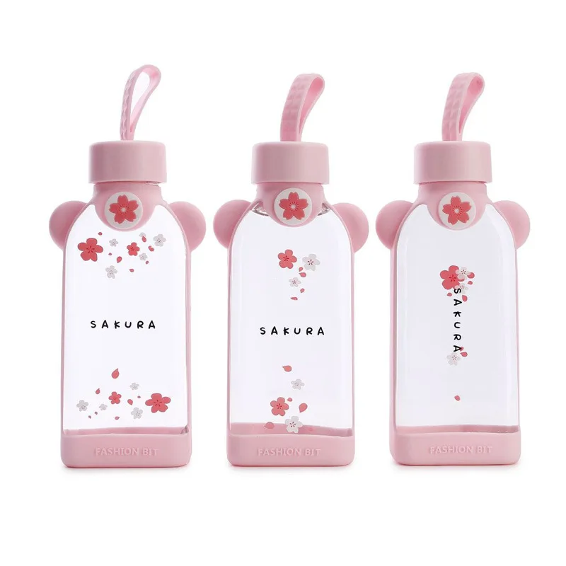 Naujas Mielas Stiklo Butelis Kūrybos Animacinių Filmų Pink Cherry Blossom Stiklinės Vandens, Puodelis Su Silikono Danga Už Moterų Mergina Gėrimų Butelių