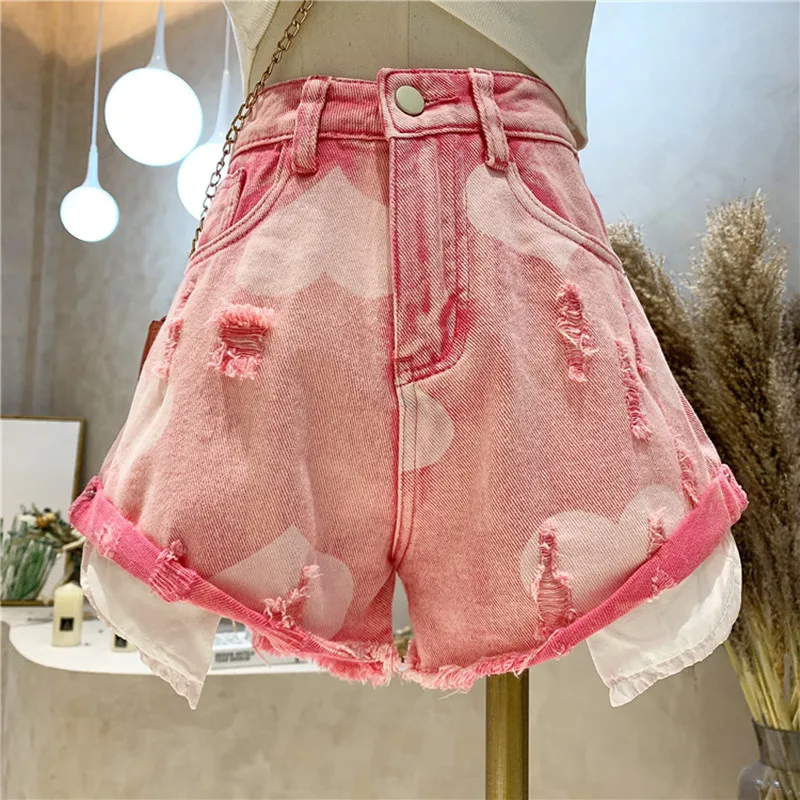 Nauji moteriški Drabužiai Vasaros 2021 Mados Meilės Spausdinti Rožinės spalvos džinsinio šortai Aukštos juosmens, plonas laisvas pločio kojų kelnės