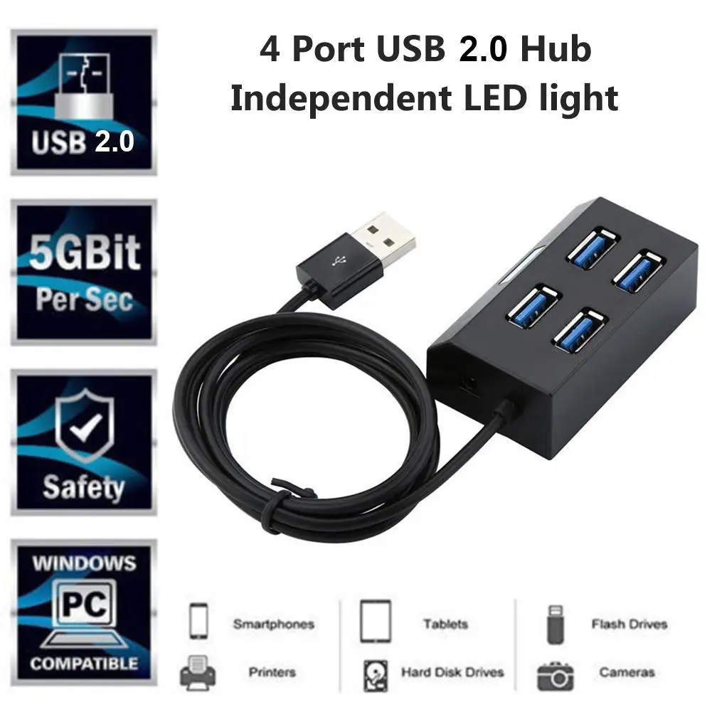 Nešiojamų Nepriklausoma LED Šviesos 4 Port USB 2.0 Hub Splitter Telefono Tablet PC