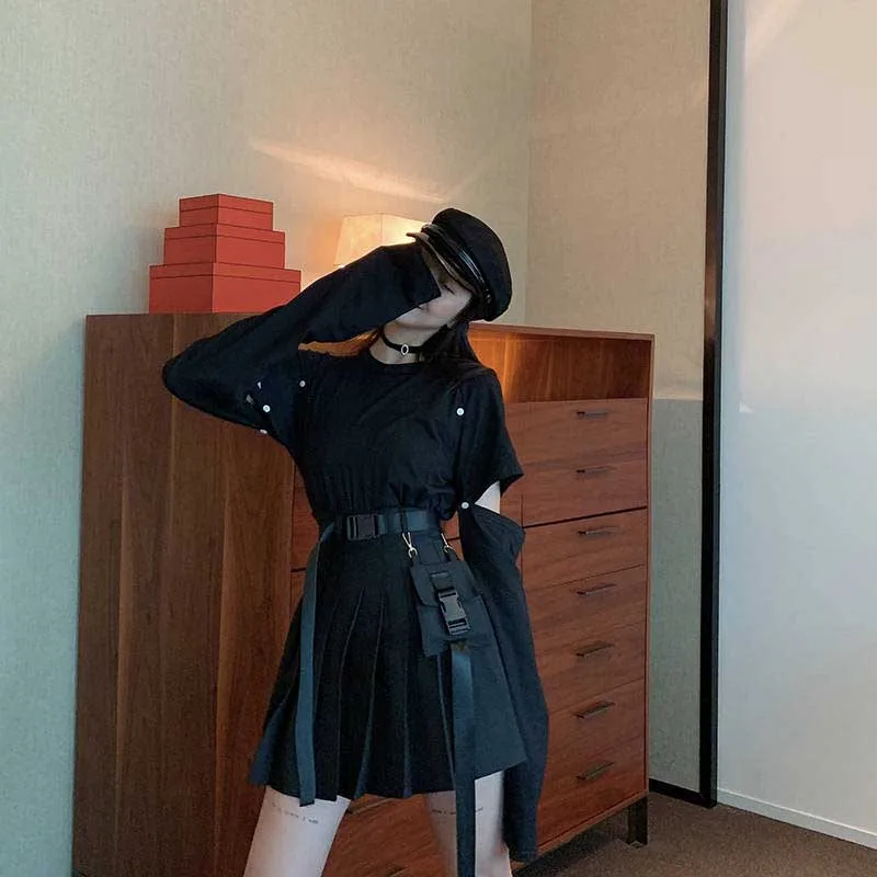 NiceMix juoda rinkinys-line Moteris Seksuali Mini Aukšto Liemens Sijonas Streetwear Moterų Punk Stiliaus Pusėje Kišenėje Mados Dizaino Klostuotas Sijonas