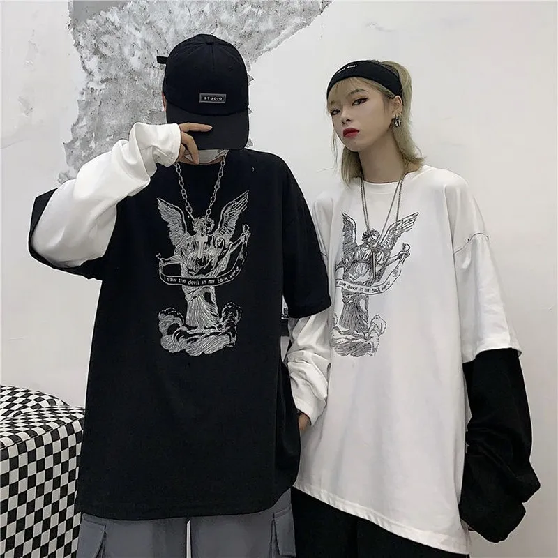 NiceMix korėjos netikrą dviejų dalių ilgomis rankovėmis moterims drabužių animacinių filmų spausdinti derliaus pora tees hip-hop street o-kaklo negabaritinių marškinėlius