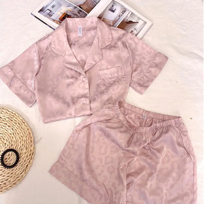 Pink Leopard Pyjama Pour Femme Namų Tiktų Vasaros Pižama Šortai su Miego Viršūnes + Kelnės Pijama Loungewear 2 dalių Rinkinys Moterims