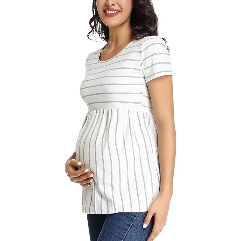 Plius Dydis S-2XL Moterų Motinystės Side Ruched marškinėliai Dryžuotas Viršūnes Mama Nėštumo Drabužius trumpomis Rankovėmis Camiseta Premama