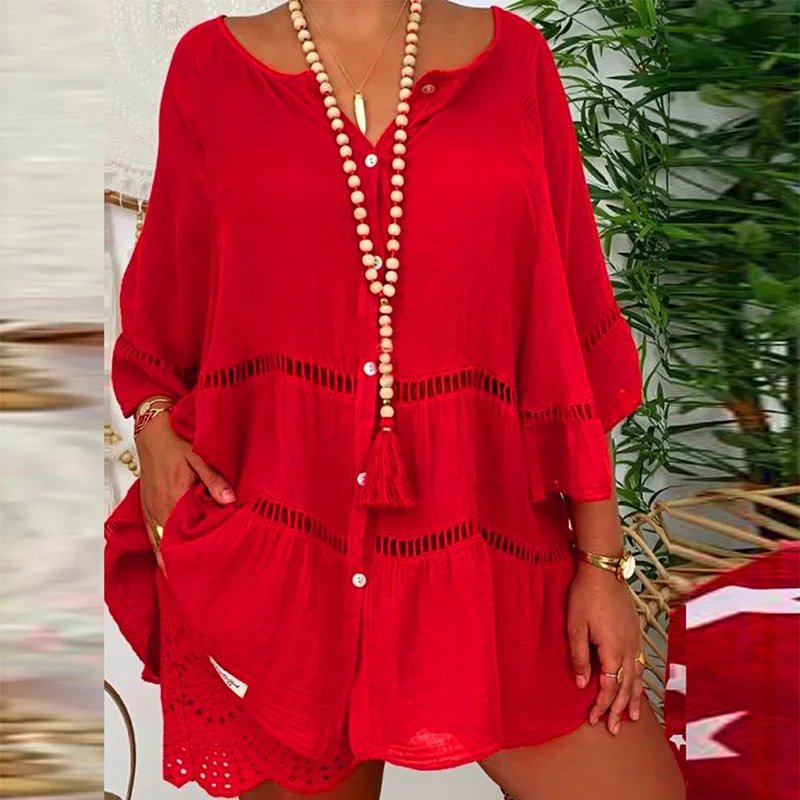 Plus Size 5xl Palaidinė Moterims Marškinėliai Kieto Medvilnės Skalbiniai Tuščiaviduriai Iš 1/2 Ilgio Rankovėmis V-Kaklo Megztinis Blusas Mujer De Moda Visą 2021