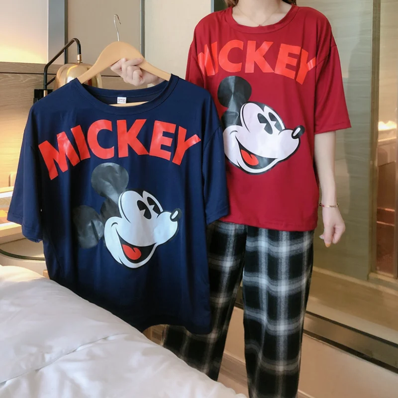 Plus Size Prarasti Disney Mickey Mouse Mielas Kawaii Pyjama Ansambliai Vasaros 2021 trumpomis Rankovėmis Viršūnes ir Pledas Ponios Kelnės 2 vnt