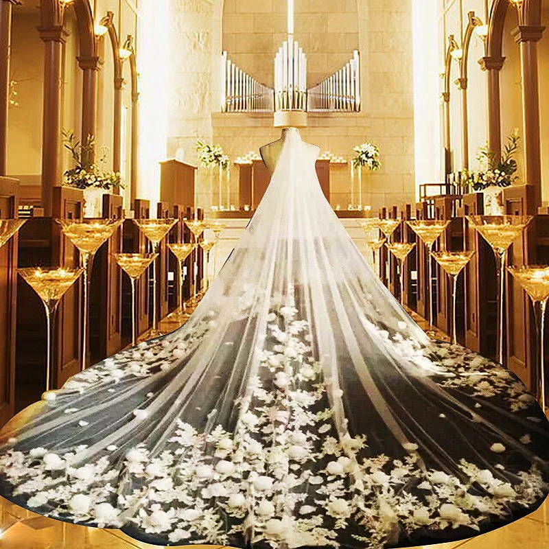 Prabanga 3D Gėlės 3 4 5 Metrų Dramblio kaulo/Balta Nuotakos Vualiai su Šukos Nėrinių Krašto Katedra Vestuvių Šydas, Ilgai 2021 Vestuvių Priedai