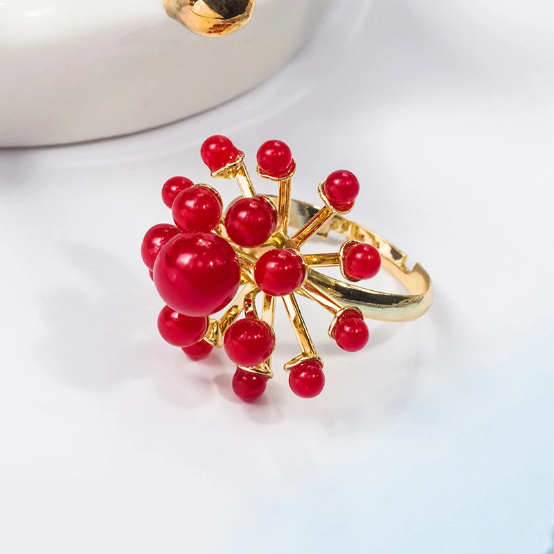 Prabangus Moterų Red White Pearl Reguliuojamas Žiedo Elegantiškas Vestuves Žavesio Aukso Žiedas Aksesuarų Mados Ponios Papuošalai Dovana