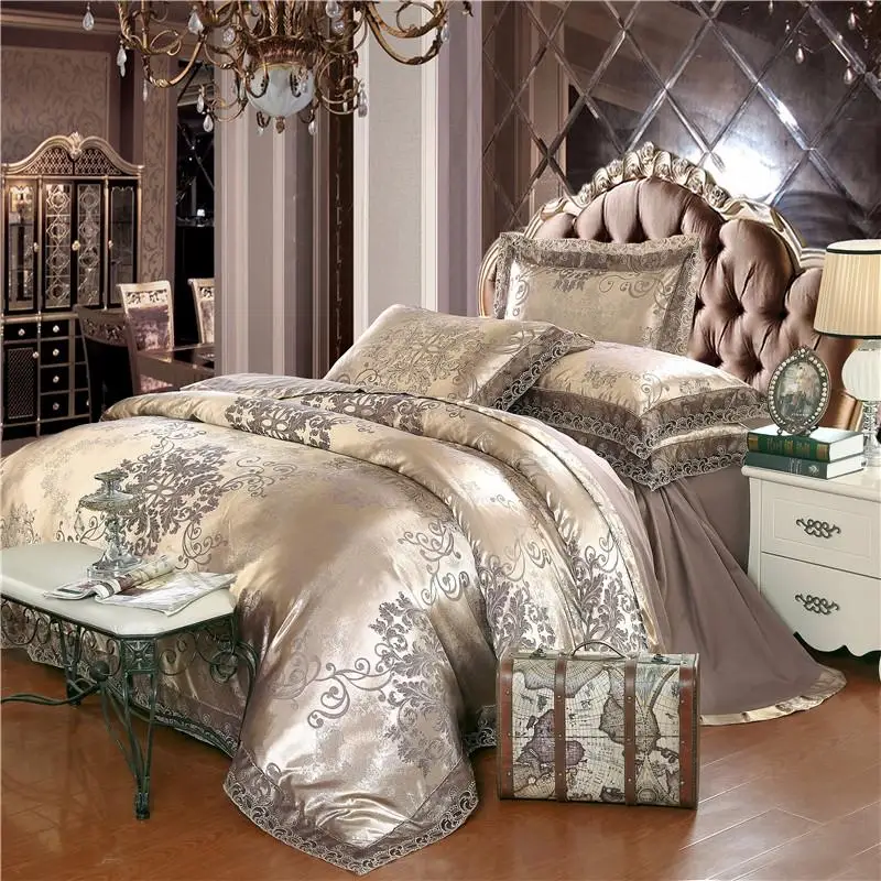 Prabangus satino žakardo patalynės komplektas queen/king size lova nustatyti auksas, sidabras spalva 4pcs medvilnės, šilko, nėrinių antklode padengti nustato drobulė rinkinys