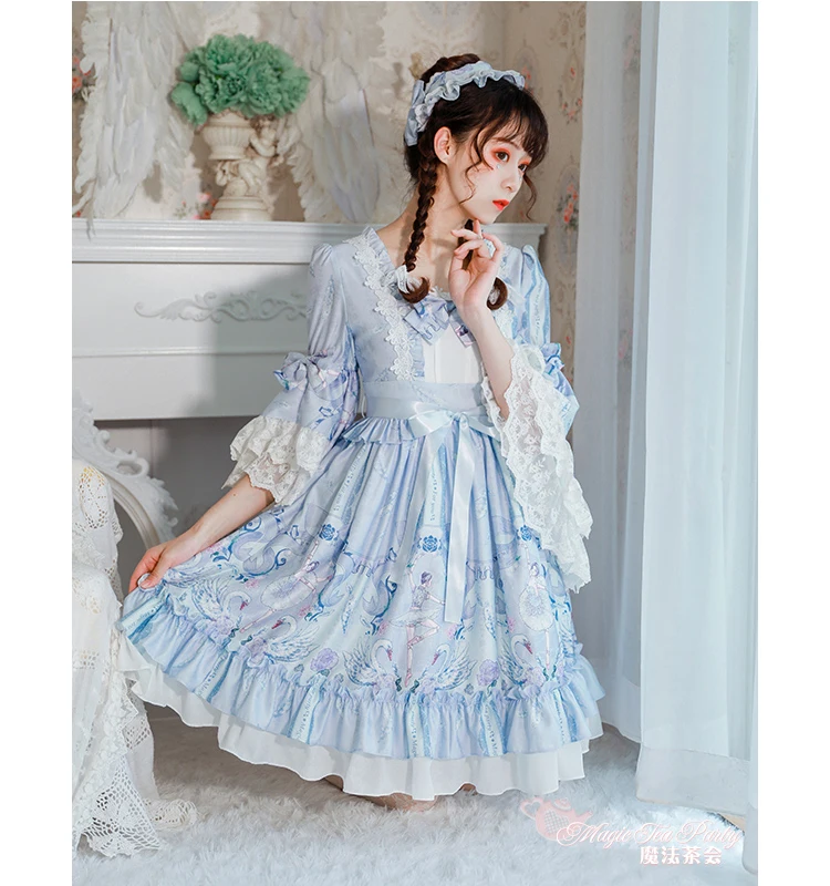 Princess arbatėlė saldus lolita suknelė retro nėrinių bowknot blyksnius rankovės mielas spausdinimo viktorijos suknelė kawaii girl gothic lolita biuras