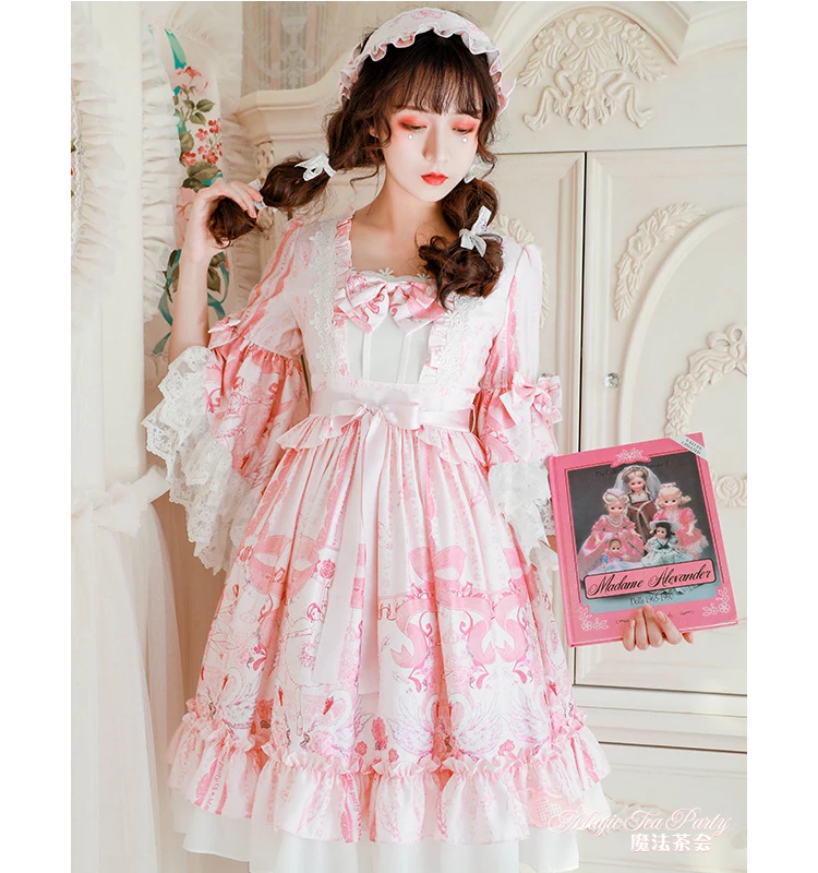 Princess arbatėlė saldus lolita suknelė retro nėrinių bowknot blyksnius rankovės mielas spausdinimo viktorijos suknelė kawaii girl gothic lolita biuras