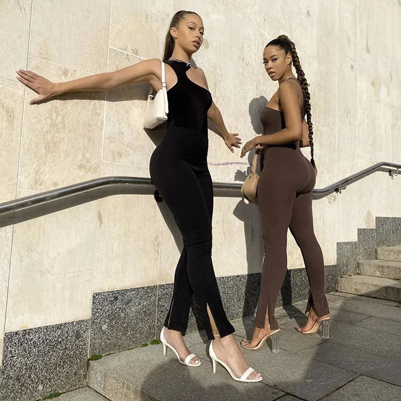 QuanRun 2 Gabalas Mados Moterų Berankovis Vieną Petį Tuščiaviduriai Iš Bodysuit+Padalinti Ilgos Kelnės Atsitiktinis Nustatyti Šalies Streetwear 2021