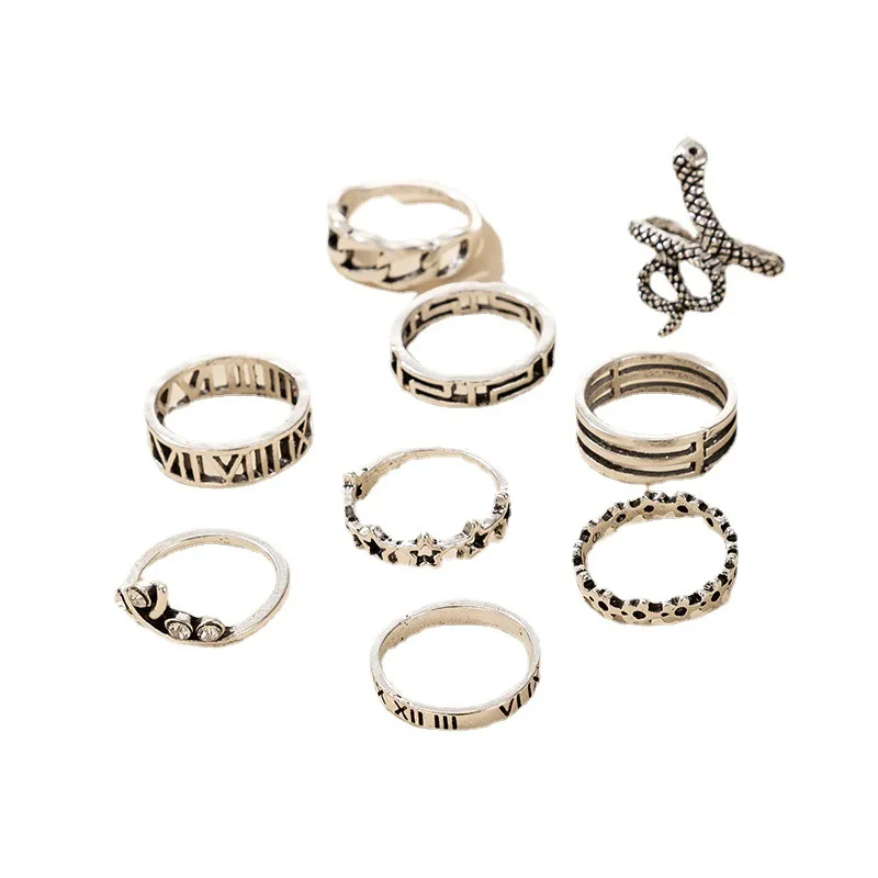 Retro Nacionalinės Stiliaus Žiedas Nustatyti Populiarus Perdėti Gyvatės Formos Penkių Smailių Star Žiedas 9 Vienetų Rinkinys, Moterų Papuošalai