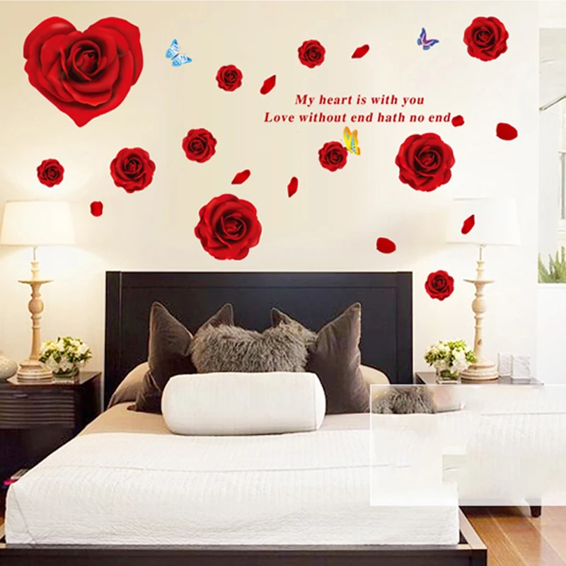 Romantiška Raudona Rožė, Gėlės Drugelis Siena Lipdukas Namų Dekoro Vestuvių Miegamasis Kambarys Dekoro Lipni Vinilo Lipdukai