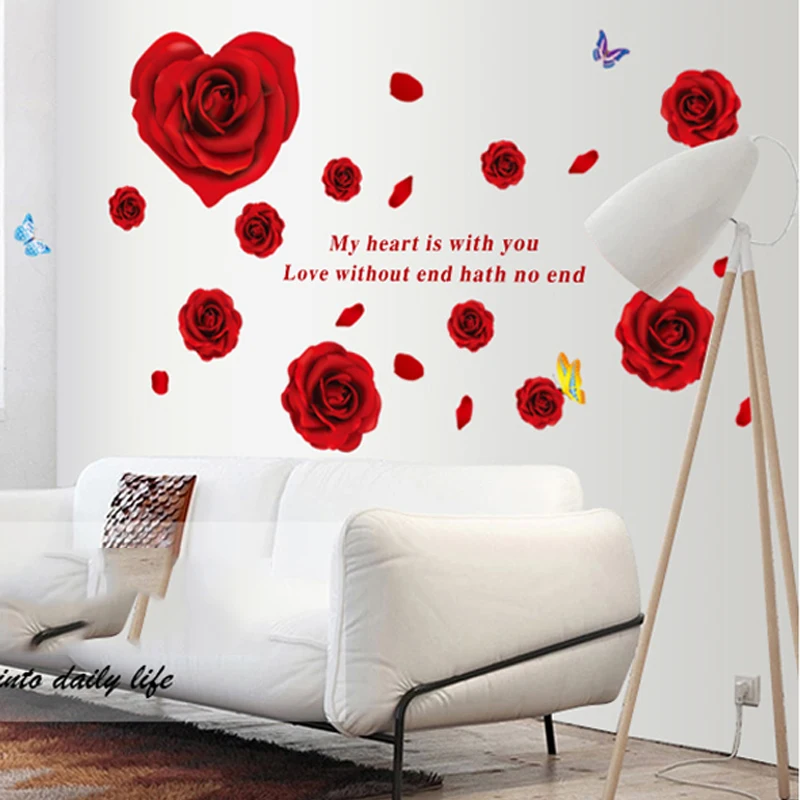 Romantiška Raudona Rožė, Gėlės Drugelis Siena Lipdukas Namų Dekoro Vestuvių Miegamasis Kambarys Dekoro Lipni Vinilo Lipdukai