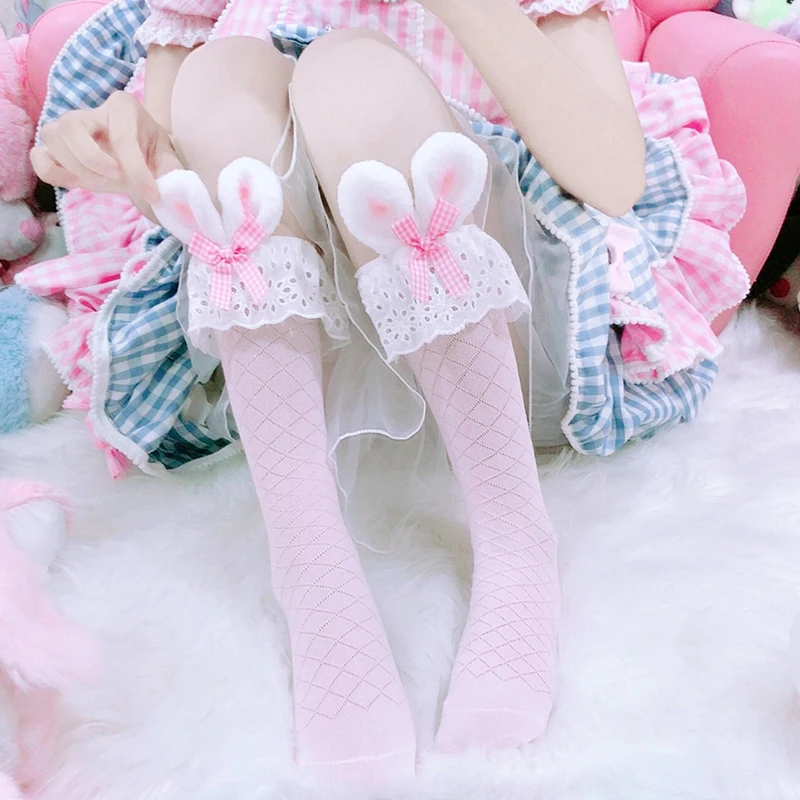 Rožinė Mergaitės Kawaii Lolita Kojinės Mielas Triušis Ausis Bowknot Kojinių Japonijos Raukiniai, Nėriniai Kojinių Lolita Cosplay Accessoriese Kojinės Dovanų