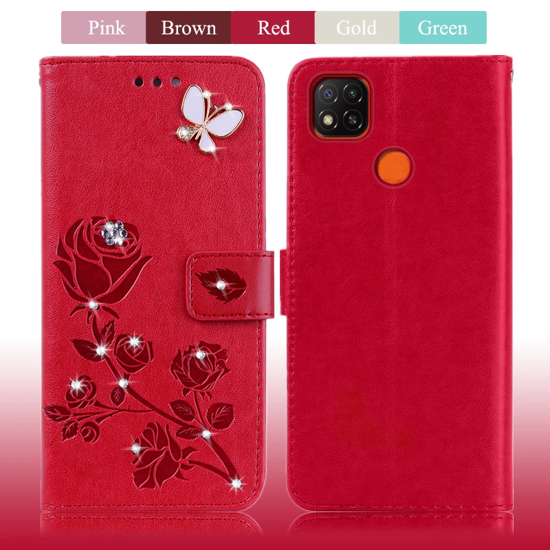 Rožių Gėlių Atveju Xiaomi Redmi 9C Atveju Apversti Odos Piniginės 
