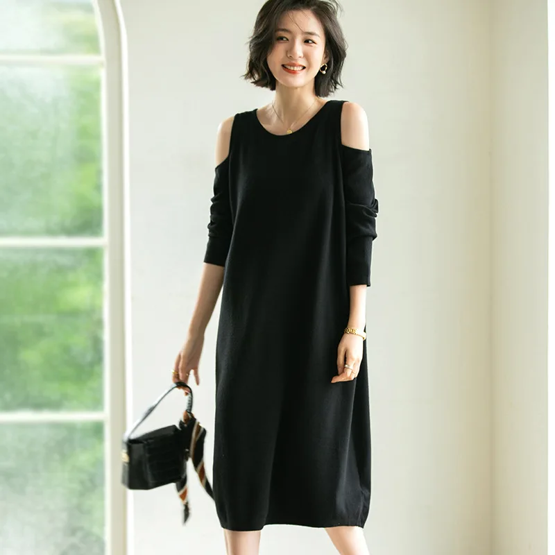 Rudens Mados off peties suknelė ir žiemos 2020 naujų korėjos stiliaus vientisa spalva prarasti tingus stiliaus didelis dydis megzti