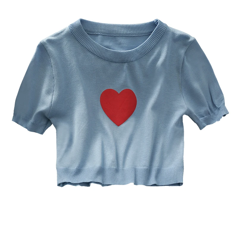 Saldus Stilius Širdies Formos Spausdinti apvalios Kaklo trumpomis Rankovėmis Megzti T-marškinėliai Moterims 2021 Naujas Trumpas Bamba vientisos Spalvos Top Vasaros