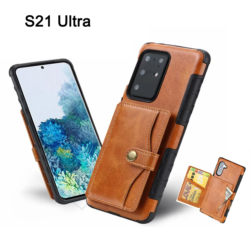 Samsung Galaxy S21 20 Pastaba Ultra S20 Plius S10 E + PU Odos Atgal, Telefono dėklas, Paspauskite Kortelės Lizdas Piniginės Metalo Sagtis Padengti Funda