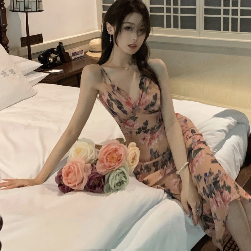 Seksualus V-kaklo Šifono Dirželis Suknelė Moterims korėjos Slim Gėlių Derliaus Midi Suknelė 2021 M. Vasaros Atsitiktinis Beach Party vientisas Suknelė Y2k