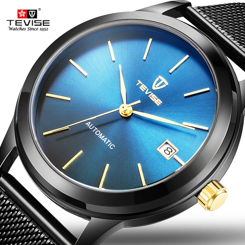 Tevise Top Brand Juoda Mėlyna Mechaninis Laikrodis Vyrų Tinklinio Plieno Automatinis Laikrodžiai Visiškai Aukso Prabangos Atsparus Smūgiams Data, Laikrodis Mens