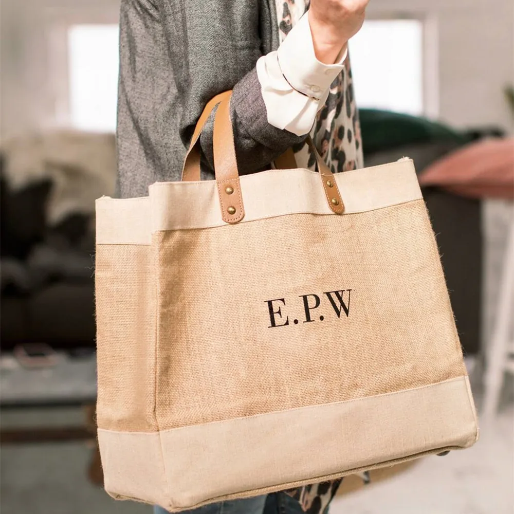 Tinkinti Monograma Pavadinimas Džiuto Shopper Bags, Individualizuoti Natūralus Šeimos Nuotykius Džiuto Pirkėjas Su Odos Rankenos Rinkos Entire