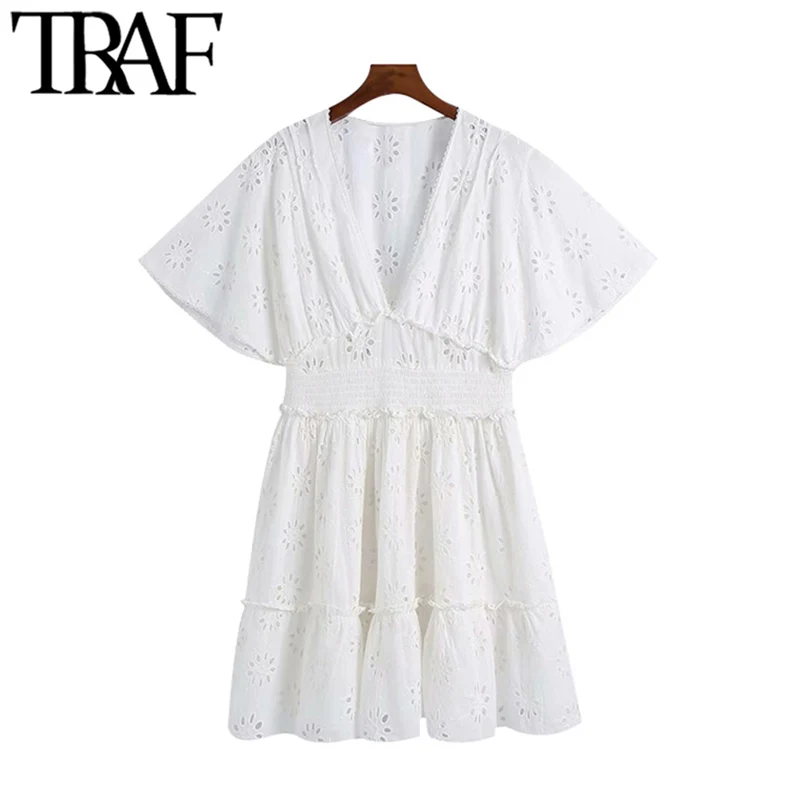 TRAF Moterų Mados Tuščiaviduriai Iš Siuvinėjimo Susiėmę Mini Suknelė Vintage trumpomis Rankovėmis Elastinga Juosmens Moterų Suknelės Mujer