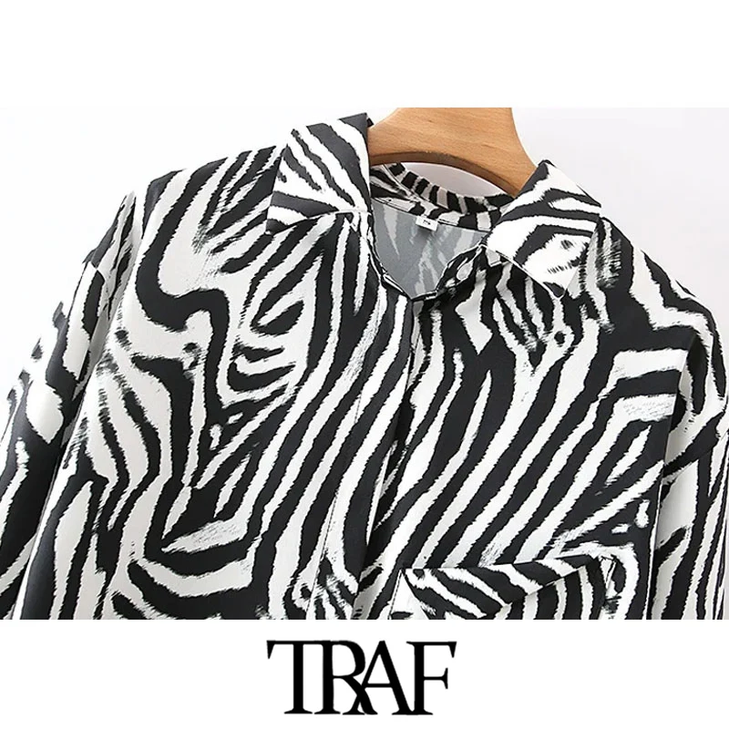 TRAF Moterų Mados Zebras Spausdinti Prarasti Palaidinės Derliaus ilgomis Rankovėmis Mygtuką-iki Moterų Marškiniai Blusas Prašmatnus Viršūnės