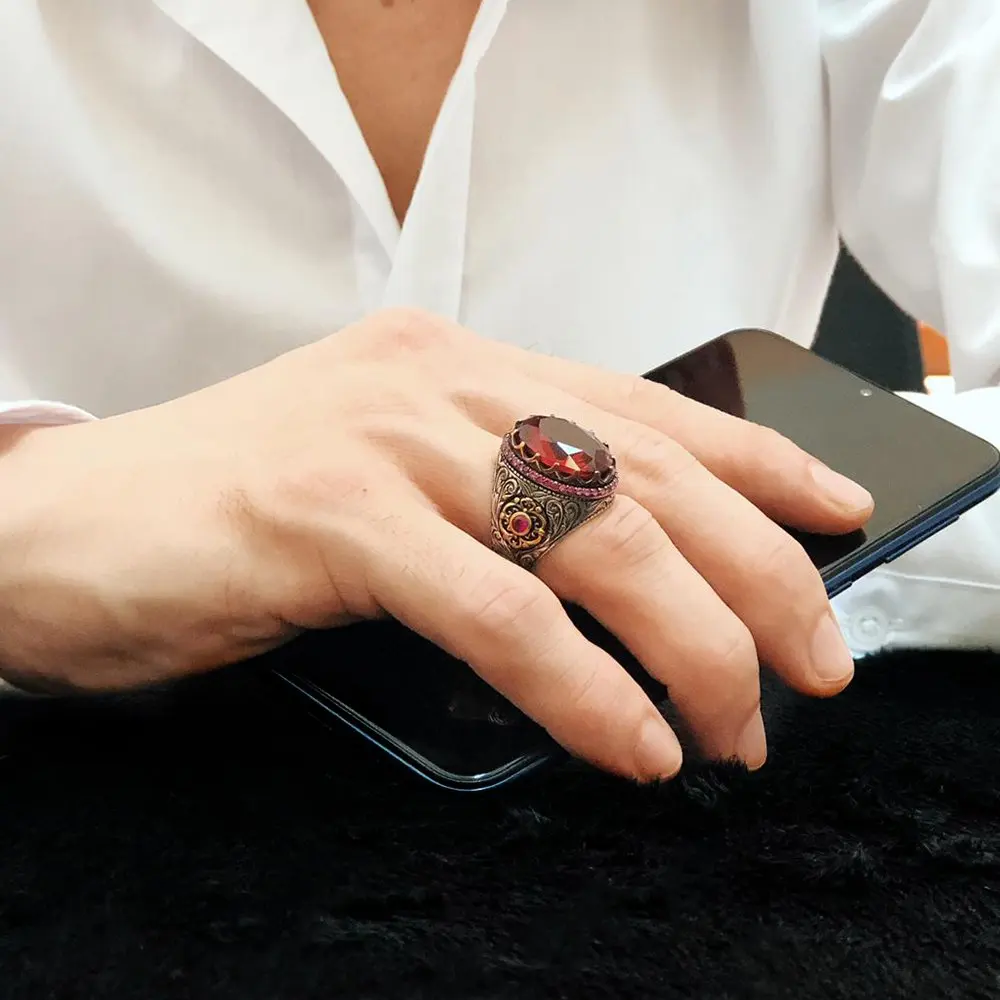 Turkų rankų darbo 925 sterlingas sidabro papuošalai Ruby vyrų žiedas dydis