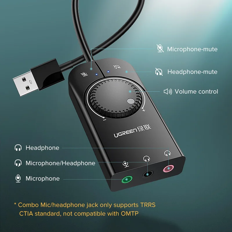 Ugreen USB Garso plokštė Išorinė Garso Sąsaja, 3,5 mm Mikrofono Lizdas Adapteris Nešiojamas 