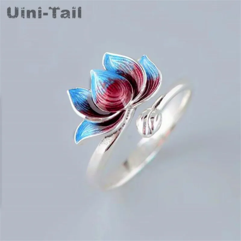 Uini-Uodega naujas dizainas karšto pardavimo 925 sterlingas sidabro Kinų stiliaus spalvų atitikimo cloisonne lotus atidaryti žiedas paprastas dviejų atspalvių lotus