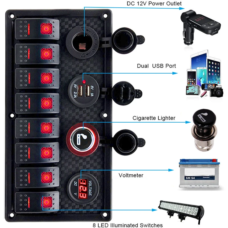 Universalus 8 Gauja Jūrų Switch Panel ON-OFF Rokeris LED Įtampos Ekranas+USB Įkroviklis+Žiebtuvėlio Sunkvežimių Valtis Automobilių Laivas Naujas