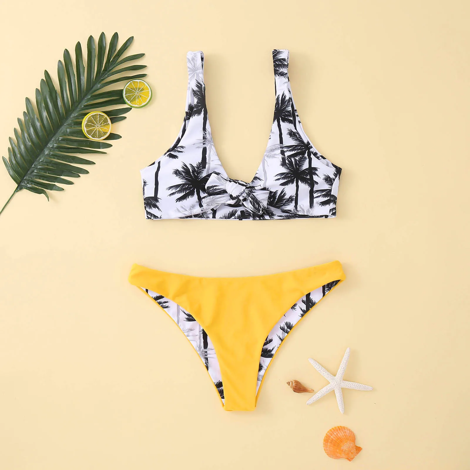 Vasaros Mados Atsitiktinis vientisos Spalvos Augalų Spausdinimo Moterų Bikini Komplektas iš Dviejų dalių Padalinti, Krūtinės Mygtukai maudymosi kostiumėlį bañador mujer