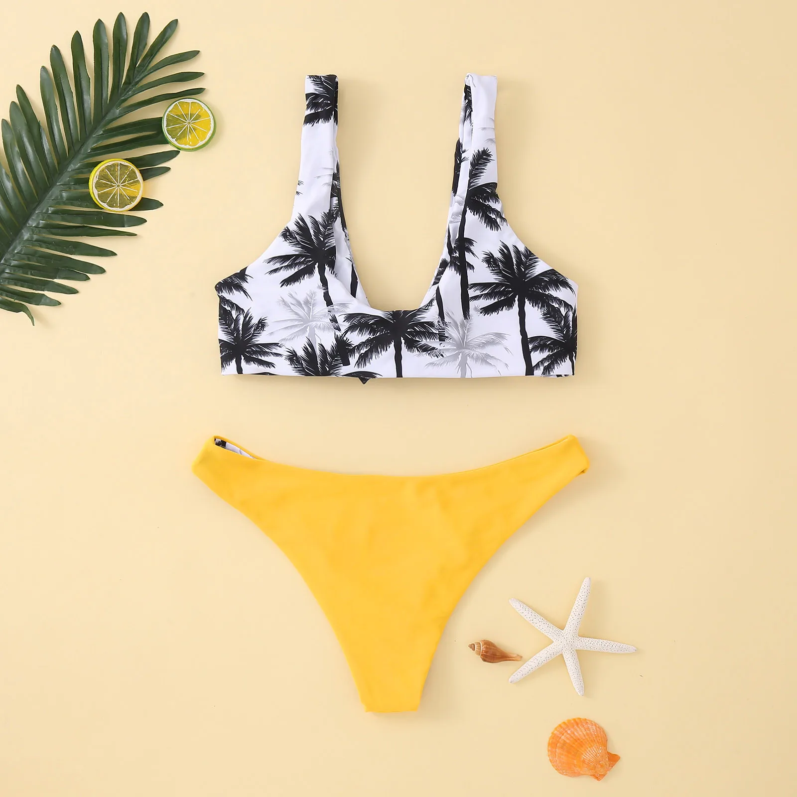 Vasaros Mados Atsitiktinis vientisos Spalvos Augalų Spausdinimo Moterų Bikini Komplektas iš Dviejų dalių Padalinti, Krūtinės Mygtukai maudymosi kostiumėlį bañador mujer