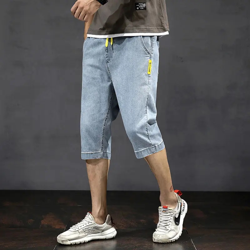 Vasaros plono džinsinio šortai vyriški ruožas apkarpyti kelnės prarasti tiesiai pilkos kelnės retro tendencija, atsitiktinis kelnės