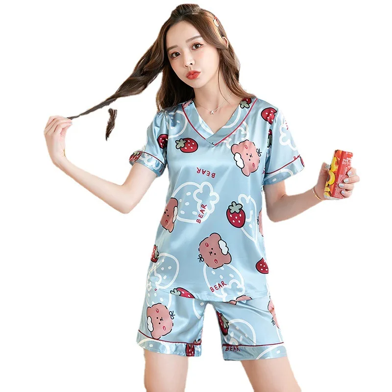 Vasaros Šilko Ledo Pižama Moterų Mielas Japonijos Trumpas rankovėmis Megztinis V-kaklo Šilko Naujas Plonas Skirsnio Pijamas Moterų Sleepwear