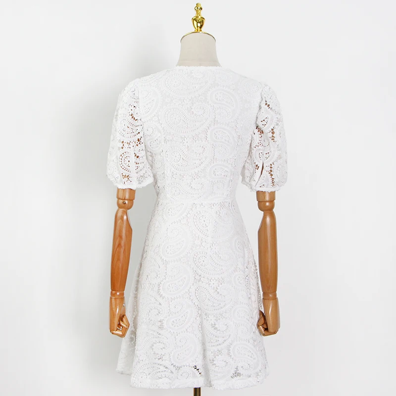 VGH Baltos spalvos Elegantiška Suknelė Moterims V Kaklo, Trumpas Sluoksniuotos Rankovėmis Aukštos Juosmens Tuščiaviduriai Iš Mini Suknelės Moterų 2021 M. Vasaros Mados Drabužiai