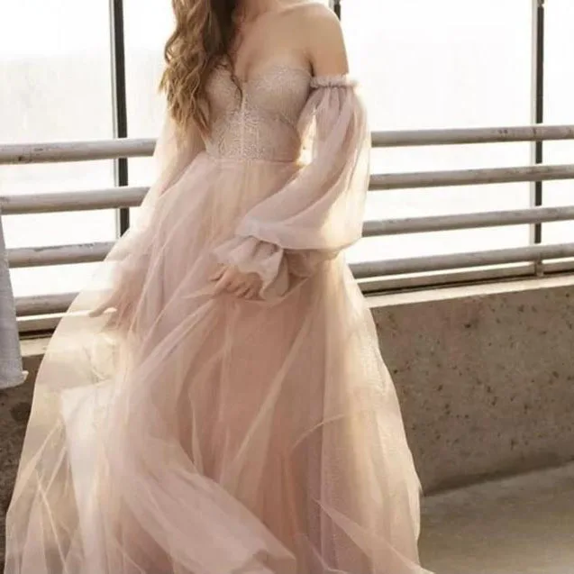 Vintage Stiliaus Romantiška Suknelė Off Pečių Ilgio Sluoksniuotos Rankovėmis Tiulio Suknelė Elegantiška Prom Vestuvių Ypatinga Proga-Suknelė Pagal Užsakymą