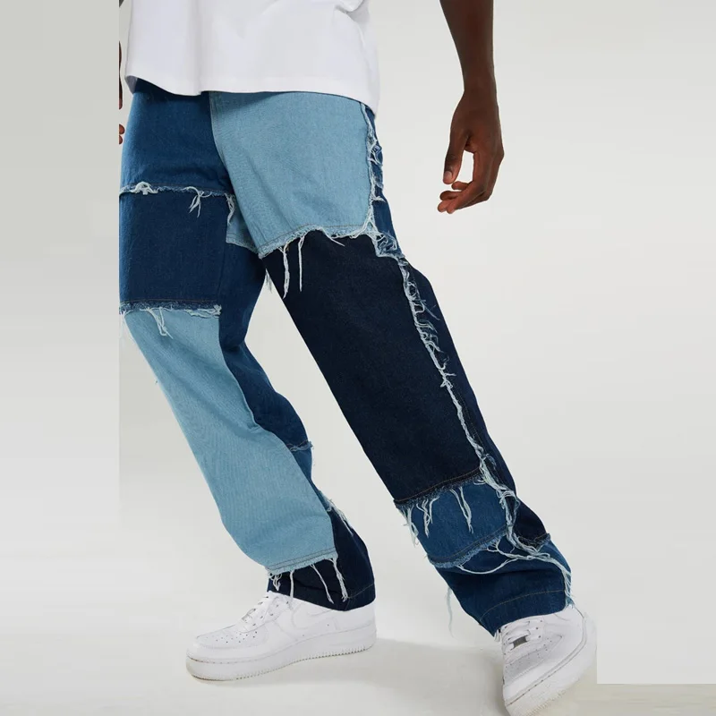 Vyrai Džinsai Kontrasto Spalvų Atsitiktinis Susiuvimo Džinsinio Audinio Kelnės Baggy Jeans Streetwear Vyrai Džinsinio Audinio Džinsus Hip-Hop Elegantiškos Kelnės Vyrams Jean