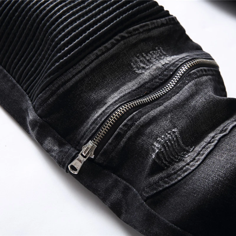 Vyrų Odos Kratinys Dviratininkas Džinsai Streetwear Užtrauktukų Plisuotos Ruožas Džinsinio audinio Kelnės Kankina Kelnės
