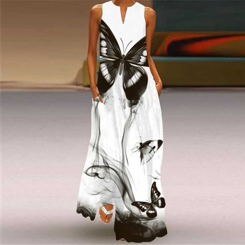 WAYOFLOVE Naujas Baltas Drugelis Spausdinimo Suknelė 2021 Atsitiktinis Vasaros Paplūdimio Ilgos Suknelės Moteris Plus Size Rankovių Mergina Maxi Suknelė Moterims